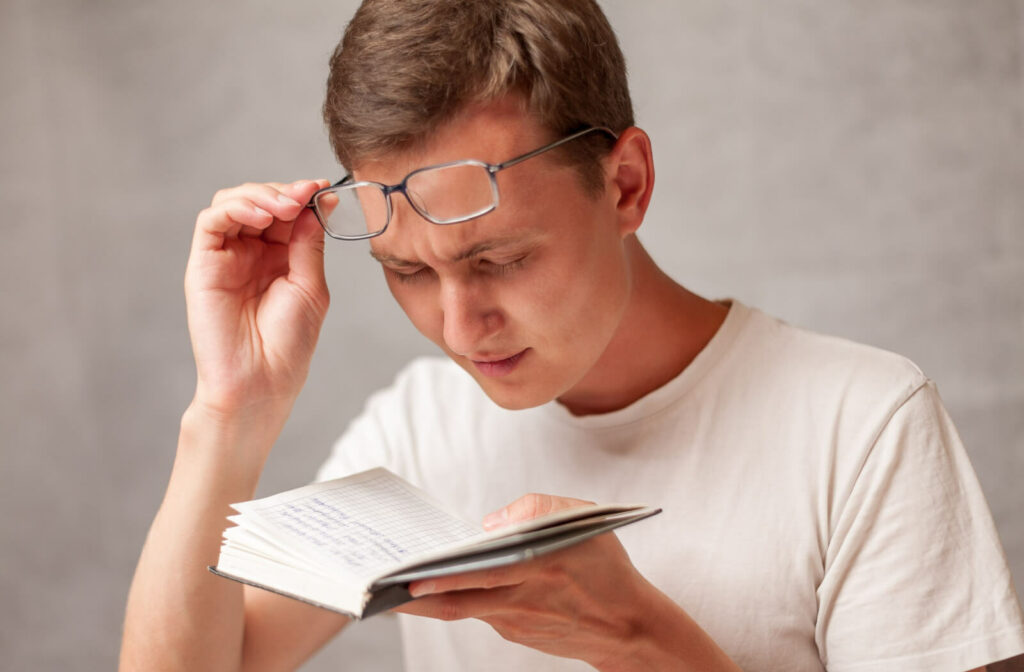 A young man is holding his eyeglasses and reading a book close to his face.