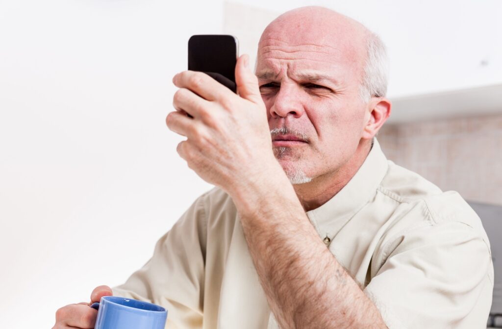 A man squinting and holding his phone close to his face to see its contents better.