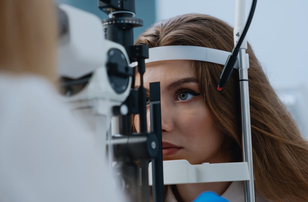 A woman undergoing an eye exam.